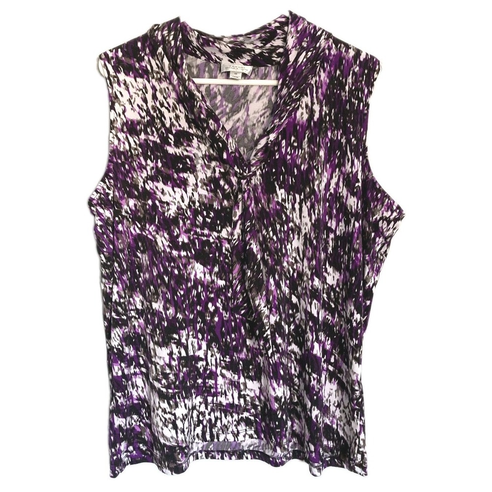 Tahari Arthur S. Levine Tank Top Womens 1X Purple Cowl Neck Stretch Print EUC